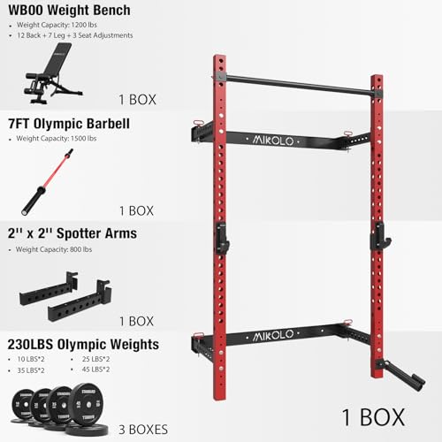Mikolo 2" x 2" Folding Wall Mounted Squat Rack, 1000 Pounds Capacity Power Rack with Pull Up Bar, J Hooks and Other Attachments, Space-Saving Home Gym - color: Red, style: Home Gym Package (230 LBS)