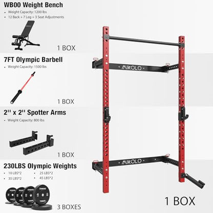 Mikolo 2" x 2" Folding Wall Mounted Squat Rack, 1000 Pounds Capacity Power Rack with Pull Up Bar, J Hooks and Other Attachments, Space-Saving Home Gym - color: Red, style: Home Gym Package (230 LBS)