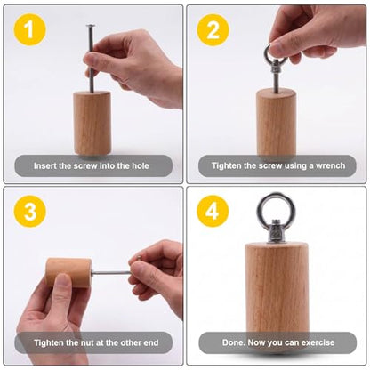 Wooden Grip Handle for Forearm & Climbing Training, Compact Cylindrical Open-Hand Grip with Stainless Steel Ring, Beech Wood Endurance Grip for Cable Machine & Pull Training