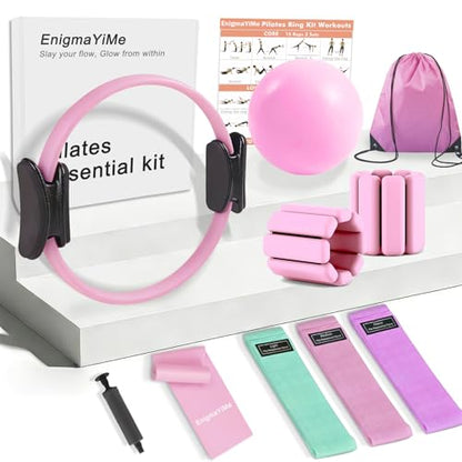Pilates Ring Kit with Adjustable Ankle Wrist Weights, Resistance Bands, Ball, Pilates Equipment Ball for Home Workout to Tone, Sculpt and Strengthen, Fitness Magic Circle Rings for Yoga Women