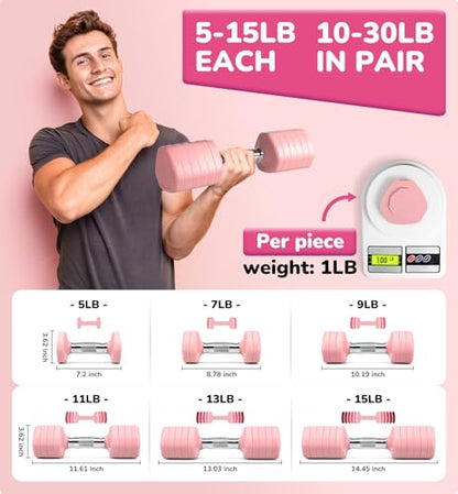 Adjustable Dumbbell Set of 2, 10LB 20LB 30LB Weight Set - color: Pink, size: 30 lbs Total-(15LB Each)
