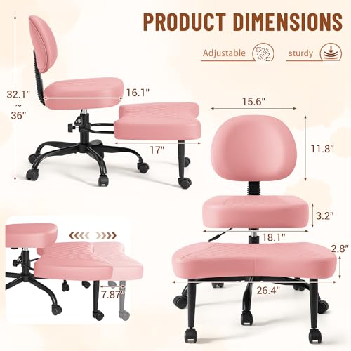 Homall Ergonomic Cross Legged Office Desk Chair with Wheels, 360° Swivel and Adjustable Height for Meditation and ADHD,Criss Cross Kneeling Chair with Lumbar Support (Leather, Pink) - color: Pink