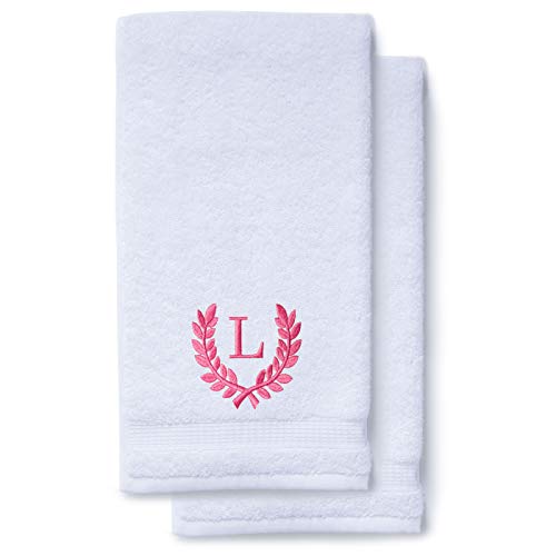 Decorative and Monogrammed Hand Towels for Bathroom Kitchen Makeup | Personalized Gift for Wedding-Bridal | Roman Font Custom Luxury Turkish Towel | Spa Collection, Oversized, 16 X 30 Inch, Set of 2 - color: Pink, size: Initial L