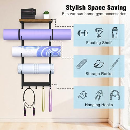 Yoga Mat Holder Wall Mount, Yoga Mats Storage Rack, Home Gym Wall Organizer Holder with Wood Floating Shelf and 5 Hooks, Storage Rack for Hanging Foam Roller/Band/Workout Equipment