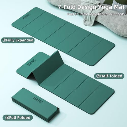 HAHE 7-Fold Design Extra Thick Yoga Mat 72"L x 24"W x 0.47",TPE Fitness Exercise Mats, Non-Slip Foldable Yoga Mat, High Density, Portable for Men & Women, Yoga, Pilates, Home Gym - color: Dark Green & Black