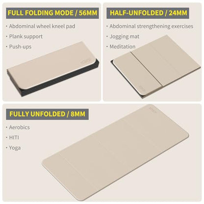 Foldable Extra Large Yoga Mat 74"×31.5", 8mm Double-Sided Non Slip Lightweight Fitness Mat for Man & Woman, Portable for Home Studio & Travel - color: Beige+Black