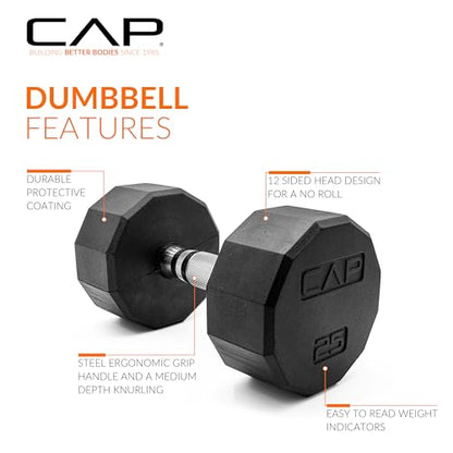 CAP Rubber Coated Dumbbell Weights, Free Weights for Home Gym Strength Training, Anti-Roll Hex Dumbbells with Black, Chrome & Comfort Grip Handles, Singles - size: 25 lb, style: 12-Sided - Chrome Handle