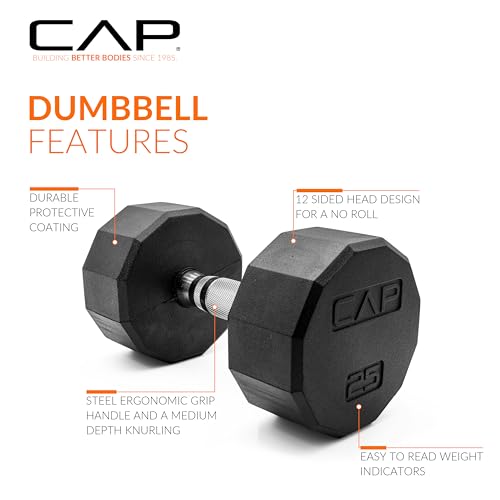 CAP Rubber Coated Dumbbell Weights, Free Weights for Home Gym Strength Training, Anti-Roll Hex Dumbbells with Black, Chrome & Comfort Grip Handles, Pairs & Sets - size: 25 lb - Pair, style: 12-Sided - Chrome Handle
