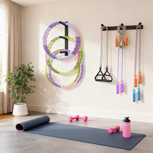 Wall Mounted Jump Rope Rack - 6 Peg Heavy-Duty Metal Gym Organizer for Resistance Bands, Hoops, and Ropes - Black Finish - Home/Gym Storage