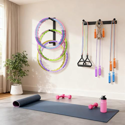 Wall Mounted Jump Rope Rack - 6 Peg Heavy-Duty Metal Gym Organizer for Resistance Bands, Hoops, and Ropes - Black Finish - Home/Gym Storage