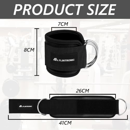 flintronic 2Pcs Ankle Straps for Cable Machine, Gym Cuffs with Double Stainless Steel D-Ring, Gym Ankle Cuff with Adjustable Neoprene Ve-lcro, Muscle Shaping for Men and Women - Black