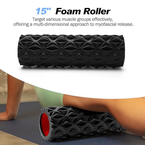 JOYENERGY 5 in 1 Foam Roller Set Trigger Point Foam Roller, Massage Roller Stick, Massage Ball, Stretching Strap for Deep Muscle Massage Pilates Yoga, Fitness Exercise for Whole Body (Black Diamond) - color: Black Diamond