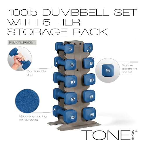 Tone Fitness Neoprene Dumbbell Set with Storage Rack – Non-Slip, Anti-Roll Hand Weights for Home Gym Workouts | 20 lb, 32 lb, 50 lb, 60 lb & 100 lb Options