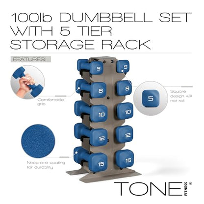 Tone Fitness Neoprene Dumbbell Set with Storage Rack – Non-Slip, Anti-Roll Hand Weights for Home Gym Workouts | 20 lb, 32 lb, 50 lb, 60 lb & 100 lb Options