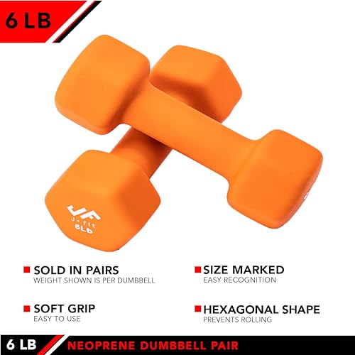 JFIT Dumbbell Pairs or Sets – Neoprene & Vinyl Coated Hand Weights for Home Gym, Strength Training, Aerobics, Cardio Exercise and Fitness - size: 6 lbs (Pair), style: Dumbbell Pair