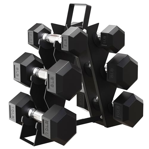 BalanceFrom Premium Rubber Encased Hex Dumbbell Sets, 46LBS Set, 60LBS Set, 100LBS Set - style: 3-Pair Set with A-Rack: 46 lbs