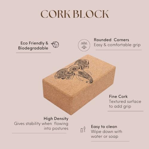 Shakti Warrior Align Cork Yoga Block - Artist Designed, Premium eco friendly cork block, Non Slip, Non Toxic, Great for Regular & Hot Yoga, Pilates and Workouts (9 inch x 6 inch x 3 inch)