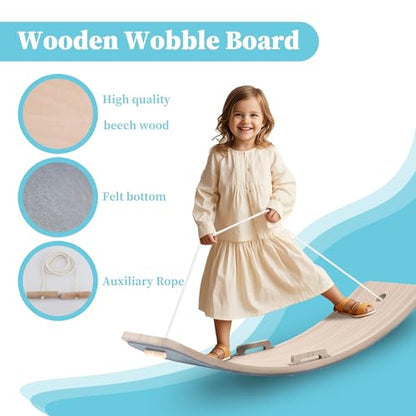 Wooden Wobble Balance Board Kids, 27 Inch Balance Board Toddlers with Natural Wood Board with Rope for Indoor&Outdoor Exercise, Open Ended Learning Toy for Body Training, Birthday