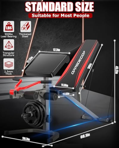 OPPSDECOR Professional 900LBS Weight Bench with Leg Extension & Leg Curl & Preacher Curl, Heavy-Duty 7+3 Adjustable Positions (Back & Preacher) Incline Decline Flat Workout Bench for Home Gym Fitness