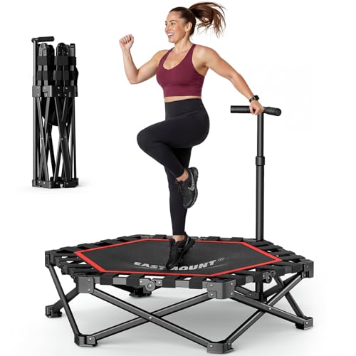 EAST MOUNT 42" Foldable Mini Trampoline for Adults, Quiet Fitness Rebounder with Adjustable Handle, No-Assembly Indoor Exercise Trampoline, 450LBS Capacity