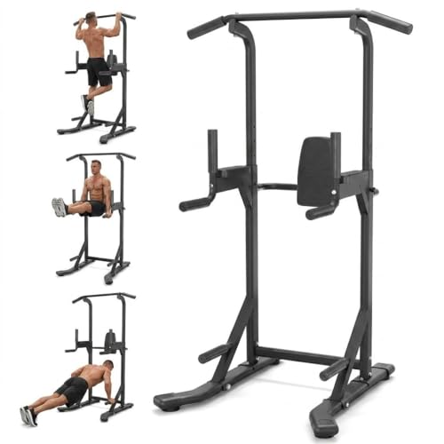 Power Tower, Heavy Duty Pull Up Bar 450LB Capacity, Multi-Functional Dip Station Adjustable Height, Strength Training Equipment Full Body for Home Gym, Pull-Ups, Dips & Leg Raises, Carbon Steel
