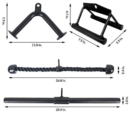 Fitvids Cable Attachment Set 800LB LoadCapacity Tricep Rope, Row Handle, StraightBar, V Bar Commercial Grade Cable MachineAccessories for Home Gym Workouts