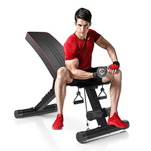 Workout Weight Benches 330lbs Capacity, Dripex Adjustable 7-levels Backrest Bench Press, Foldable Incline Decline Exercise Bench, 6 in 1 Flat Dumbbell Sits-up bench with Elastic Rope for Home Gym