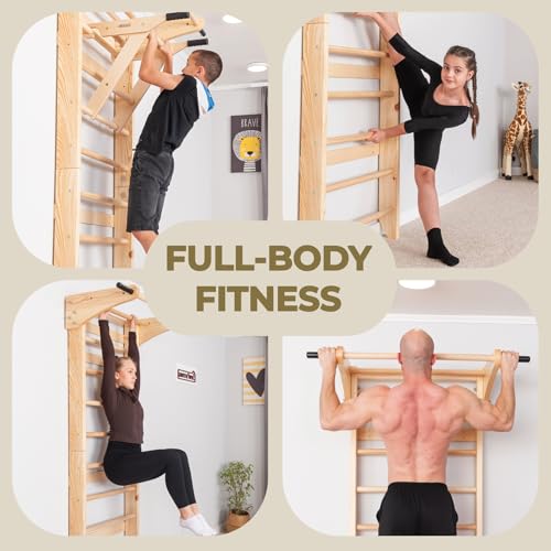 Swedish Ladder Wall Bars with Pull-Up Bar & Dip Station for Kids and Adults – Wooden Stall Bars, Multifunctional Home Gym Wall Ladder for Strength Training & Stretching