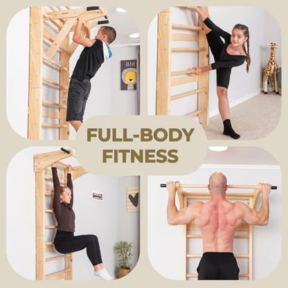 Swedish Ladder Wall Bars with Pull-Up Bar & Dip Station for Kids and Adults – Wooden Stall Bars, Multifunctional Home Gym Wall Ladder for Strength Training & Stretching