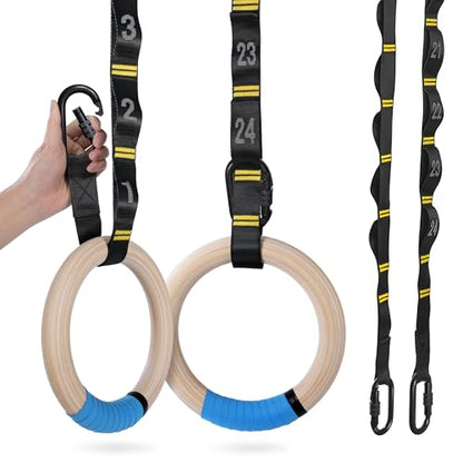 Gymnastics Rings 32mm Wooden Olympic Rings Support 1500lbs Locked Carabiners 9ft Double-Layer Numbered Straps Non-Slip Gym Rings with Foot Straps Door Anchor for Home Gym Full Body Workout - style: 1.25" Carabiners Rings & Daisy Chains Straps & Door Ancho