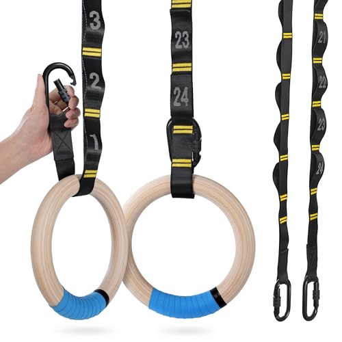 Gymnastics Rings 32mm Wooden Olympic Rings Support 1500lbs Locked Carabiners 9ft Double-Layer Numbered Straps Non-Slip Gym Rings with Foot Straps Door Anchor for Home Gym Full Body Workout - style: 1.25" Carabiners Rings & Daisy Chains Straps & Door Ancho