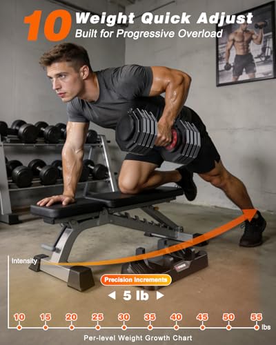 Adjustable Dumbbells Set of 2, 1 Hand Adjustable Weights Dumbbell Set and Workout Bench, 25/55/80lb Pair Weight Set For Home Gym Suit both Men and Women, Compact for Small Space Apartment Room - color: Pro-55lbs-10weights Dumbbells+Bench
