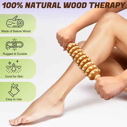 Wooden Fascia Massage Roller – Handheld Myofascial Release Massage Stick with Trigger-Point Knobs for Deep Tissue, Cellulite, Muscle Recovery & Circulation, Lymphatic Drainage Massager