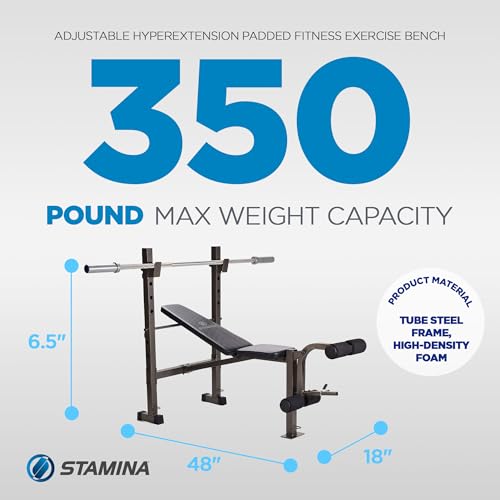Stamina Adjustable Steel Weights Bench and Barbell Rack Combo Set with Resistance Band Anchor Points for Home Gym Workout or Exercise, Black