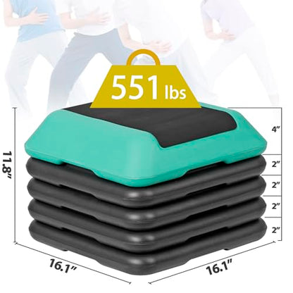 16"x16" Height Adjustable Step Aerobic Platform with 4 Risers, Exercise Workout Stepper for Home Training, Gym Fitness, 4''- 6'' - 8''-10''-12'' - color: Green