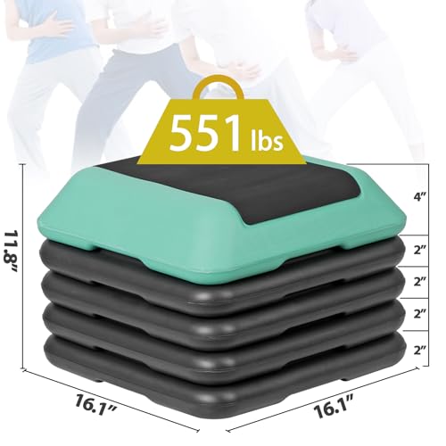 16 Inch Adjustable Aerobic Stepper Exercise Workout Step Platform Bench with 4 Risers 4"-6''-8''-10''-12' Height for Home Gym Fitness Training High Step Aerobics Platform