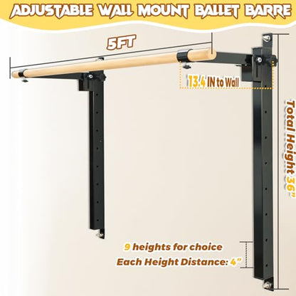 Ballet Barre Wall Mount, 4ft/5ft, Adjustable Height for Home，Solid Beech Wood Bar,Steel Brackets,Foldable Design,Stretch & Workout Equipment,for Adults Kids Studio Gym