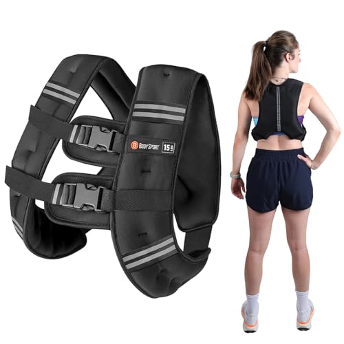 Body Sport Weighted Vest - 5lb/10lb/15lb/20lb/25lb/30lb - Fitness Vest with Refelctive Strips for Strength Training, Running, Walking, and Endurance Workouts - size: 15 lbs
