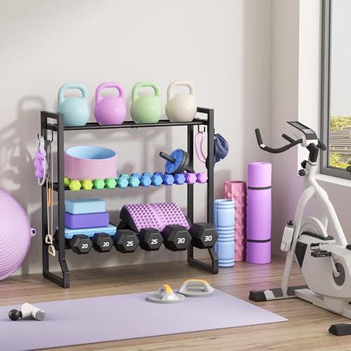 VOPEAK 3 Tier Dumbbell Rack, 400LB Capacity Dumbbell Rack Stand with 4 Hooks, Space-Saving Weight Rack for Home Gym, Weight Storage Organizer for Kettlebells (Rack Only)
