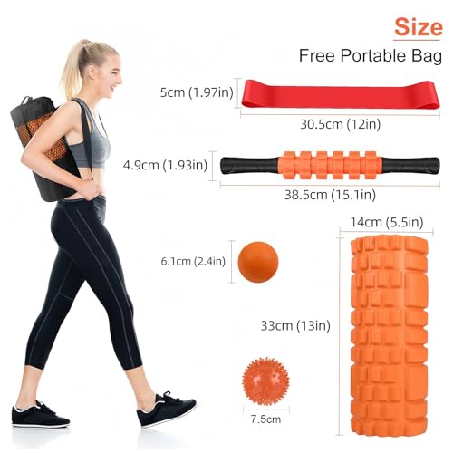 Aucuu 6 in 1 Foam Roller Set Includes Hollow Core Massage Roller, Yoga Stick, Massage Ball, Fitness Stretching Strap, Carrying Bag, Towel, Massage Roller (Orange)