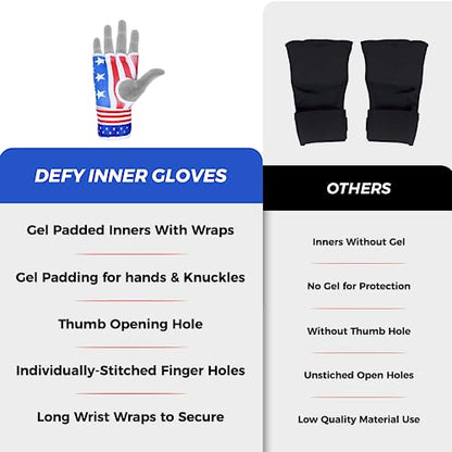 DEFY Padded Inner Gloves Quick 75cm Long Strap – Inner Boxing Gloves Gel Padded Knuckle Protection – Elasticated Boxing Hand Wraps for MMA Muay Thai Kickboxing Martial Arts Pair