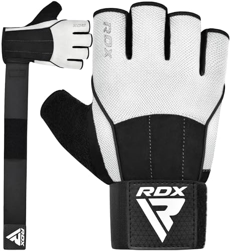 RDX Workout Gloves, 15-Inch Long Support Strap Anti Slip Palm Protection with 3 Wrist Alignment Plates, Powerlifting Deadlifting Bodybuilding Gym Fitness, Weight Lifting Exercise Training, Men Women - color: White, size: Small