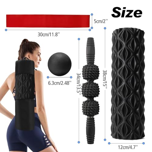 JOYENERGY 5 in 1 Foam Roller Set Trigger Point Foam Roller, Massage Roller Stick, Massage Ball, Stretching Strap for Deep Muscle Massage Pilates Yoga, Fitness Exercise for Whole Body (Black Diamond) - color: Black Diamond