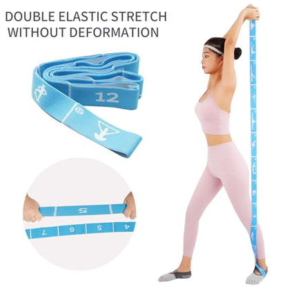 Yoga Strap with 10/12 Loops - Multi-Functional Stretch Band for Pilates, Dance, Gymnastics, Physical Therapy, Flexibility & Resistance Training, Ballet, Latin Workouts - color: Blue