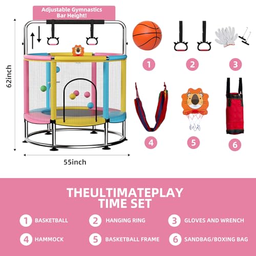 55" Trampoline for Kids,Up to 440 Ibs Mini Trampoline with Anti-Rollover Round Bottom,Indoor & Outdoor Toddler Trampoline with Safety Enclosure,Adjustable Gymnastics Bars,Basketball Hoop
