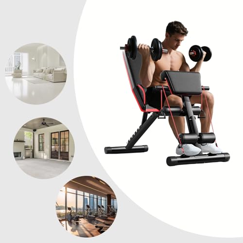 Foldable Workout Weight Bench, Strength Training Bench with Leg Extension and Leg Curl, 7 Backrests Adjustable Exercise Equipment for Full Body Workout, for Small Space Apartment Room, Home, Gym