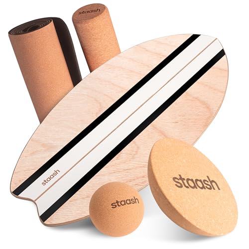 STAASH® Balance Board Full Kit – Premium Birch Wood Trainer with Cork Roller, Balance Disc, Massage Ball & Anti-Slip Mat – Core Strength, Surf, Snowboard & Rehab Training – All-In-One Set - color: Obsidian