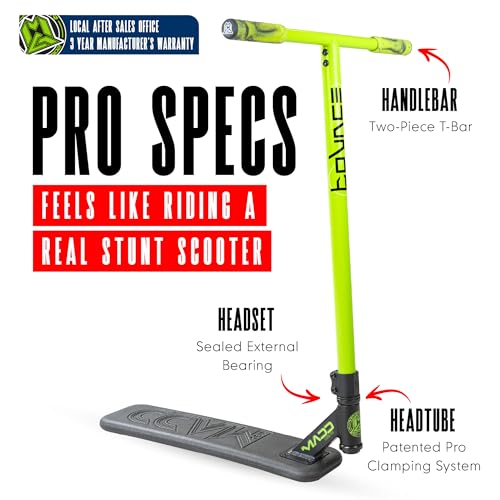 Bounce Trampoline Pro Scooter for Tricks – Real Headtube, Pro T-Bar, Foam Deck – Indoor & Outdoor Stunt Practice – Madd Gear