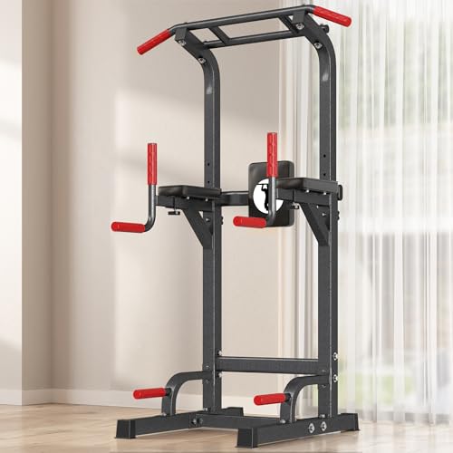 SogesPower Power Tower Pull Up Dip Stand Multi-Function Adjustable Height Workout Equipment Dip Station Fitness Strength Training for Home Gym 330LBS - color: Black