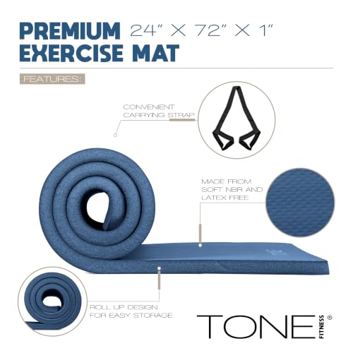 Tone Fitness 1-Inch Thick Yoga Mat | High-Density, Non-slip Exercise Mat with Carrying Strap for Yoga, Pilates, & Home Gym Workouts | Multiple Options